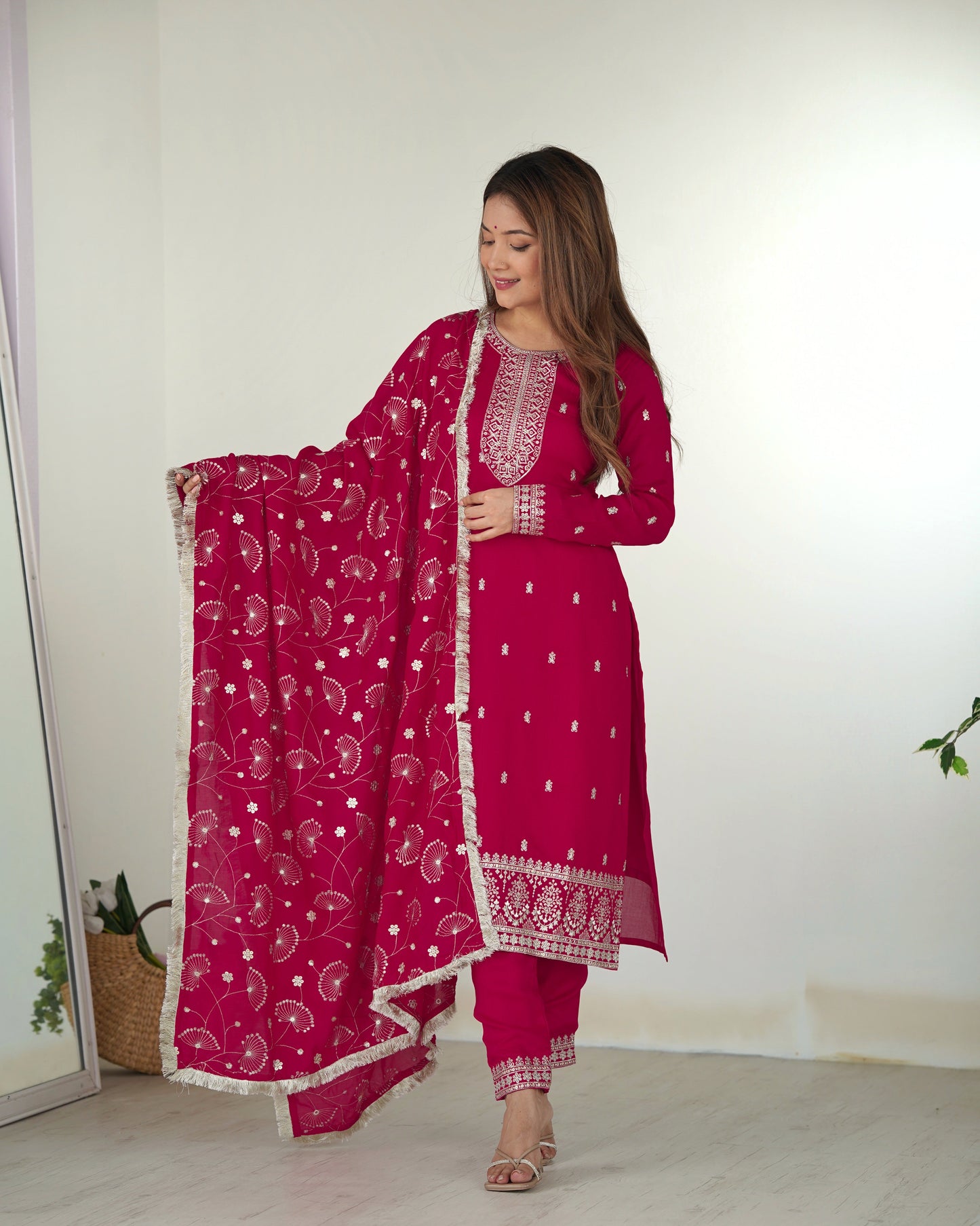Lorenvalley Magenta Rangoli Silk Embroidery Sequence and Jari Work Kurta Trousers with Dupatta Set | Swadesiicart