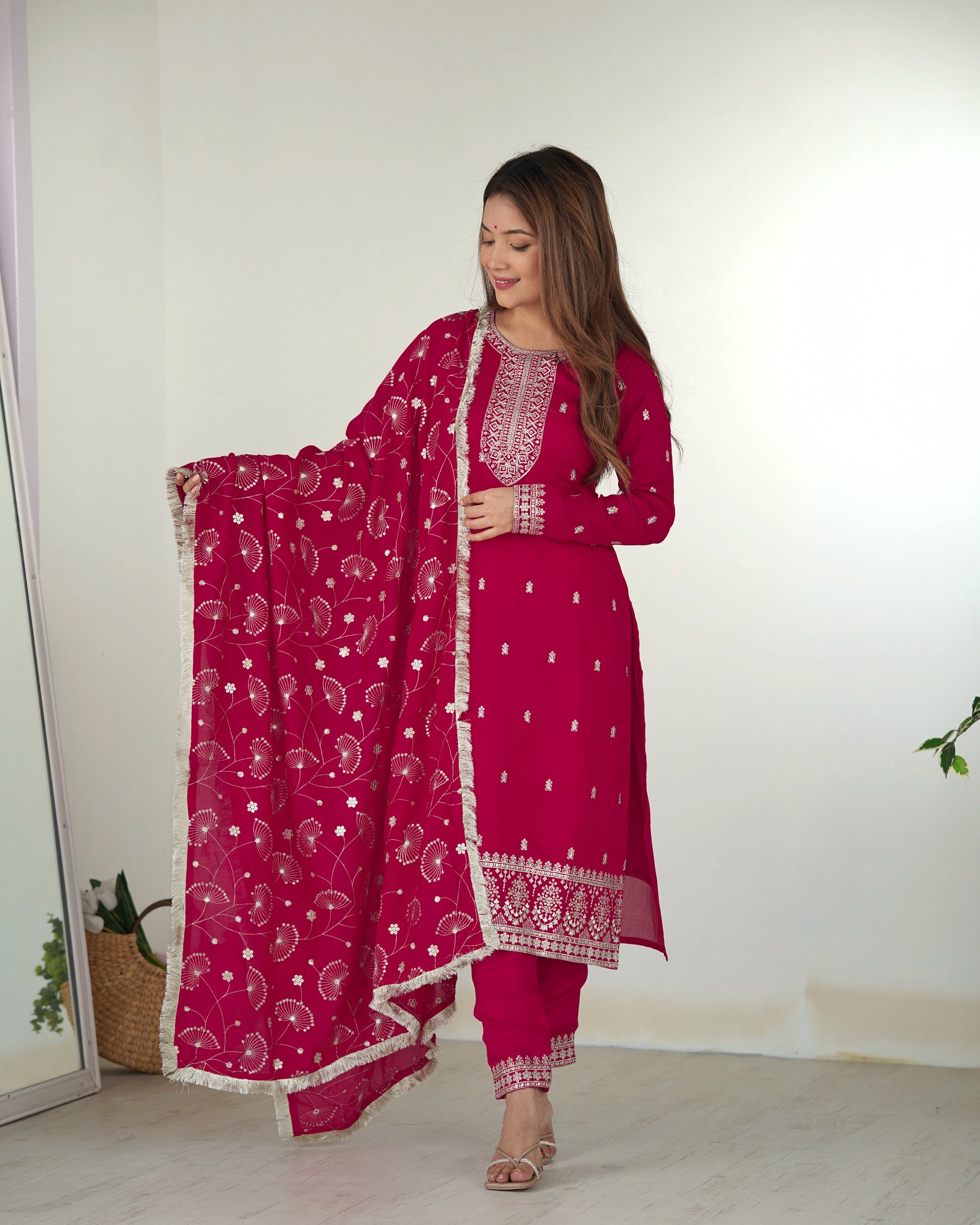 Lorenvalley Magenta Rangoli Silk Embroidery Sequence and Jari Work Kurta Trousers with Dupatta Set | Swadesiicart