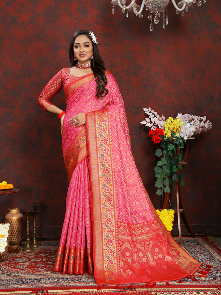 Lorenvalley Fashion Magenta Organza Silk Woven Design with Rich Meenakari Weaving Pallu Saree - Swadesiicart