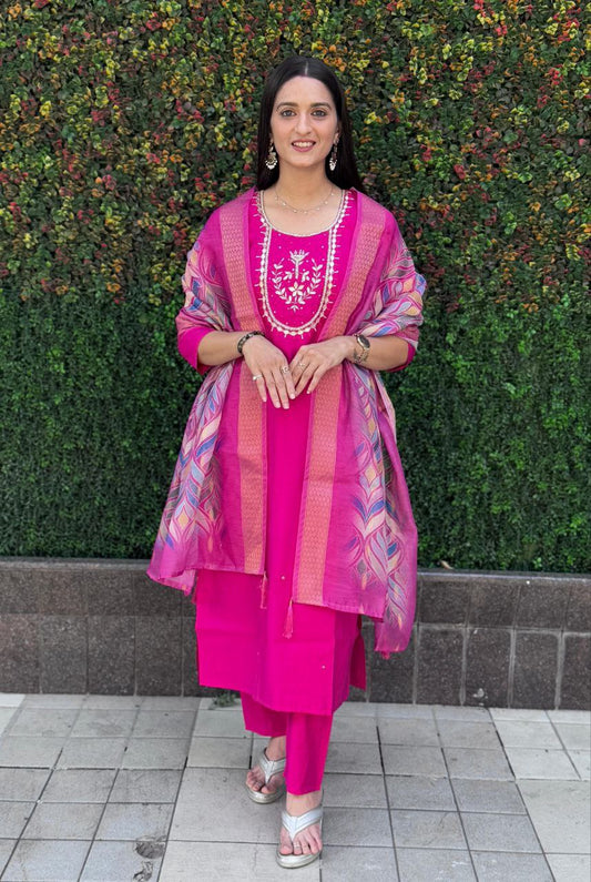 Lorenvalley Fashion Magenta Roman Silk Hand Work Kurta Pant with Dupatta - Swadesiicart
