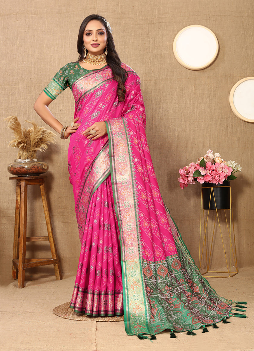 Lorenvalley Fashion Magenta Patola Silk Woven Design with Zari Meenakari Weaving motifs Pallu Saree - Swadesiicart