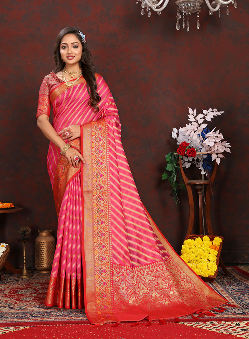 Lorenvalley Fashion Magenta Organza Silk Woven Design with Rich Meenakari Weaving Pallu Saree - Swadesiicart