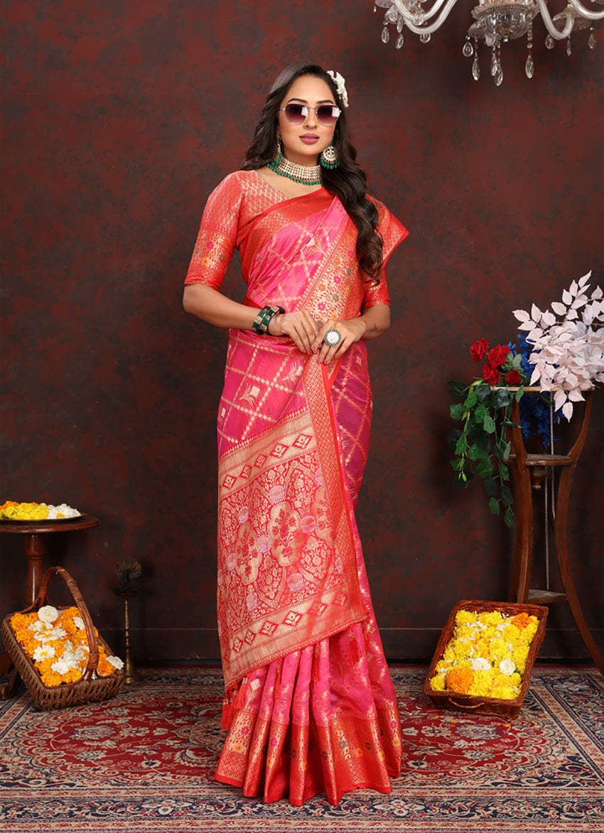 Lorenvalley Fashion Magenta Organza Silk Woven Design with Rich Meenakari Weaving Pallu Saree - Swadesiicart