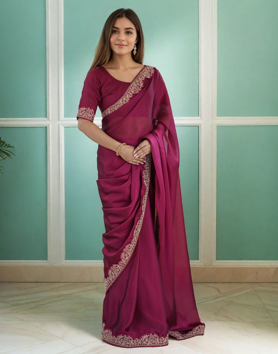 Lorenvalley Fashion Dark Magenta Rangoli Silk with Coding Lace Work Saree with Blouse - Swadesiicart