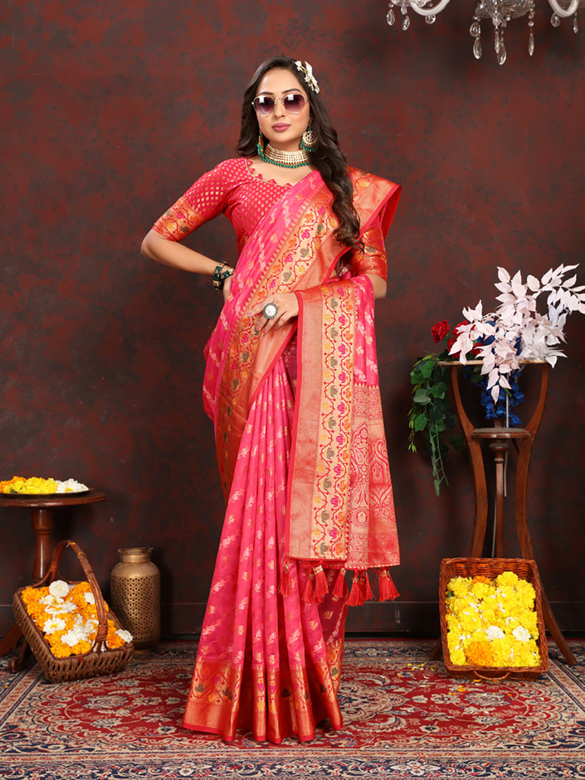Lorenvalley Fashion Magenta Organza Silk Woven Design with Rich Meenakari Weaving Pallu Saree - Swadesiicart