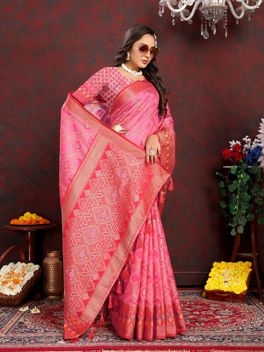 Lorenvalley Fashion Magenta Organza Silk Woven Design with Rich Meenakari Weaving Pallu Saree - Swadesiicart