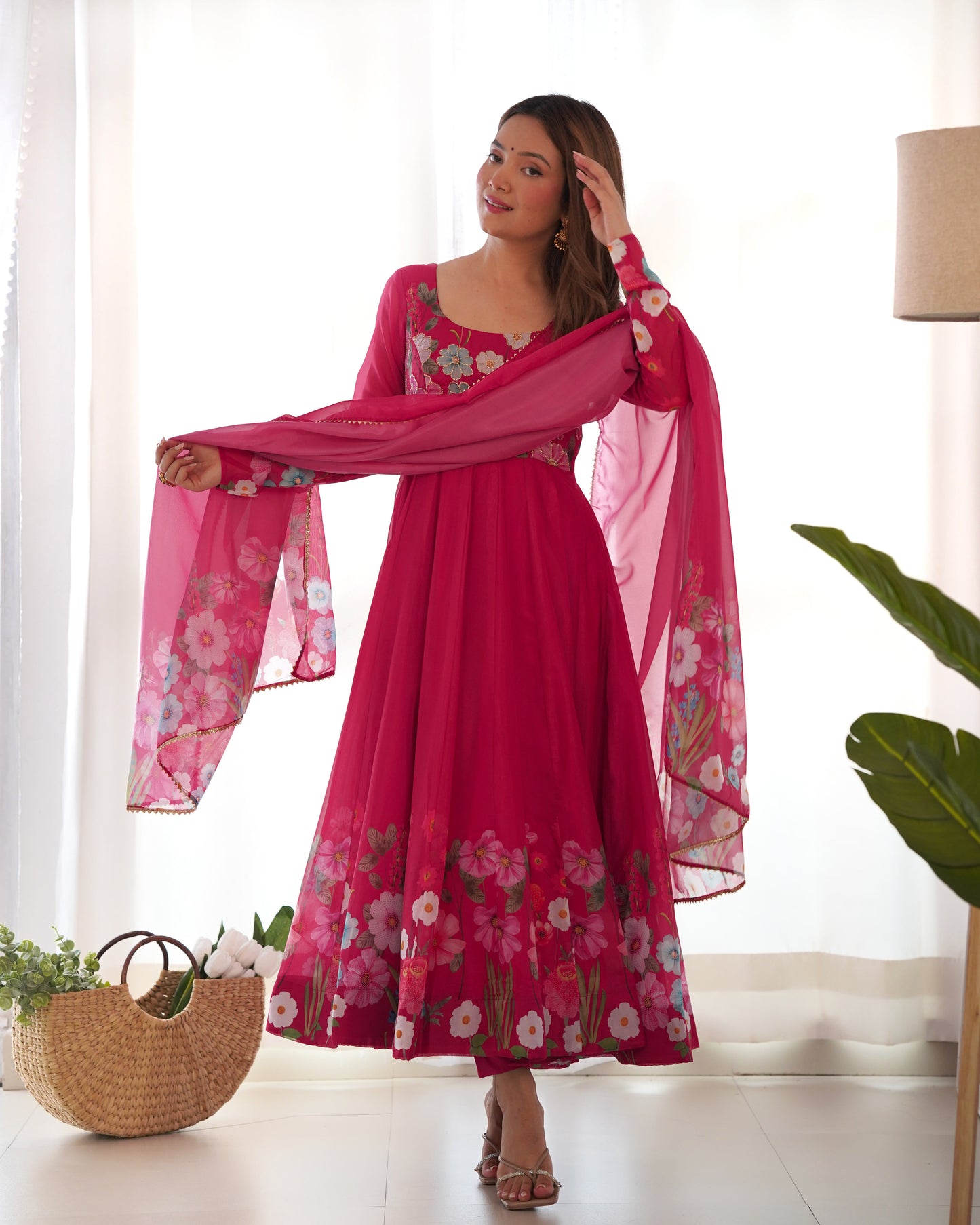 Lorenvalley Parrot Soft Organza Silk With Floral Print Fully Flared Anarkali Pant With Dupatta Set - Magenta | Swadesiicart