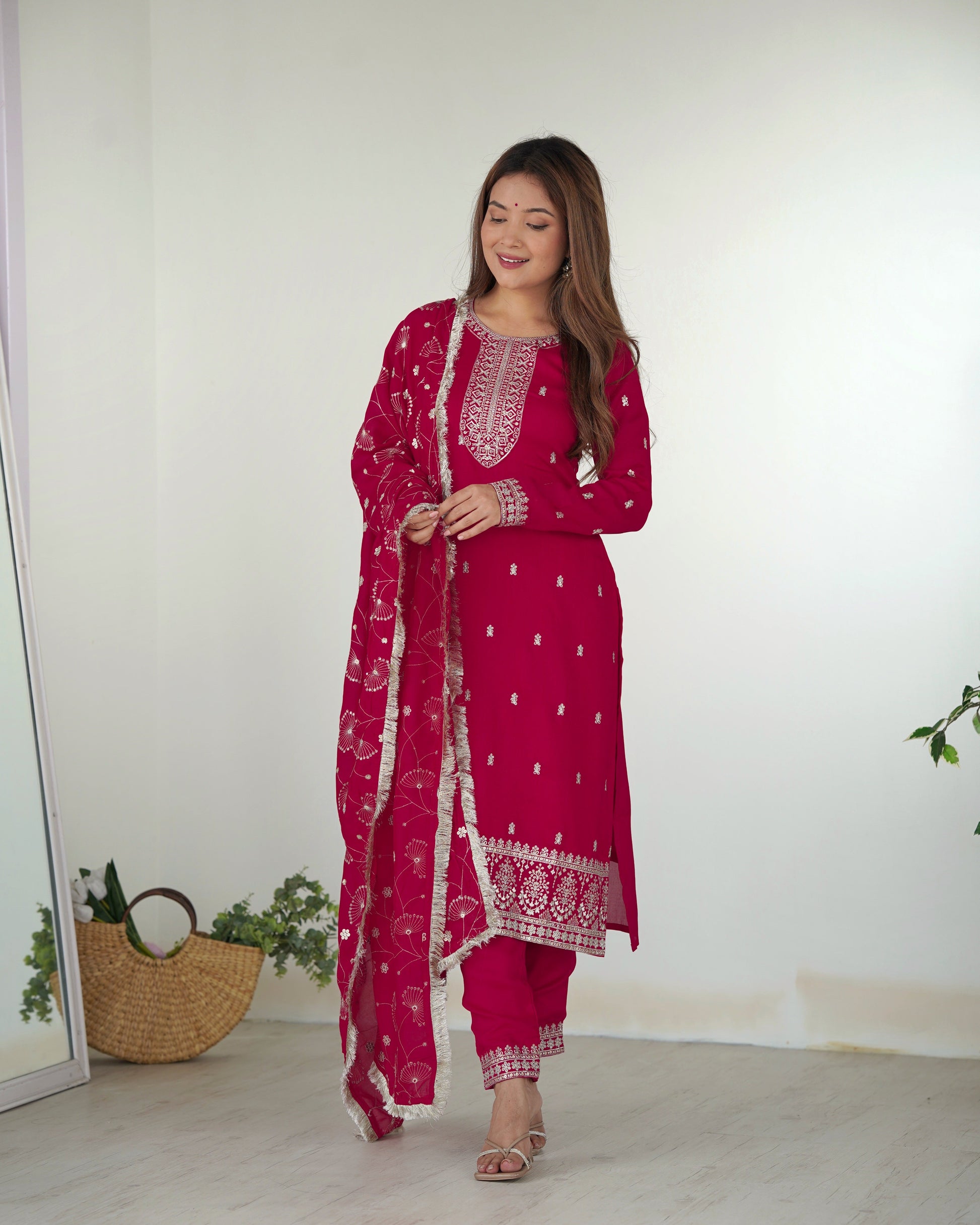 Lorenvalley Magenta Rangoli Silk Embroidery Sequence and Jari Work Kurta Trousers with Dupatta Set | Swadesiicart