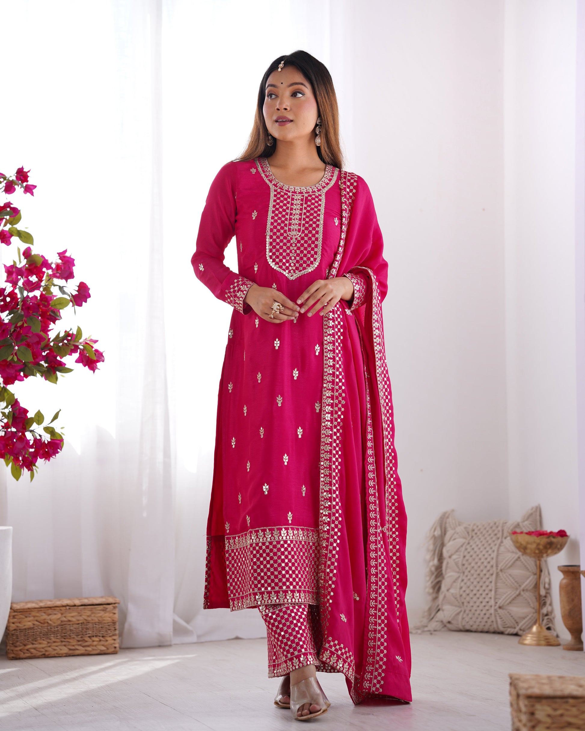 Lorenvalley Magenta Chinon Silk Embroidery Sequence and Jari Work Kurta Trousers with Dupatta Set | Swadesiicart