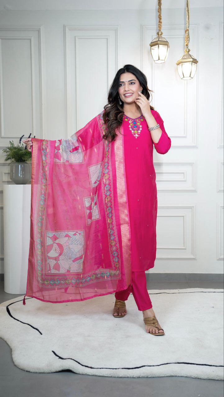 Lorenvalley Fashion Magenta Roman Silk Hand Work Kurta Pant with Dupatta - Swadesiicart