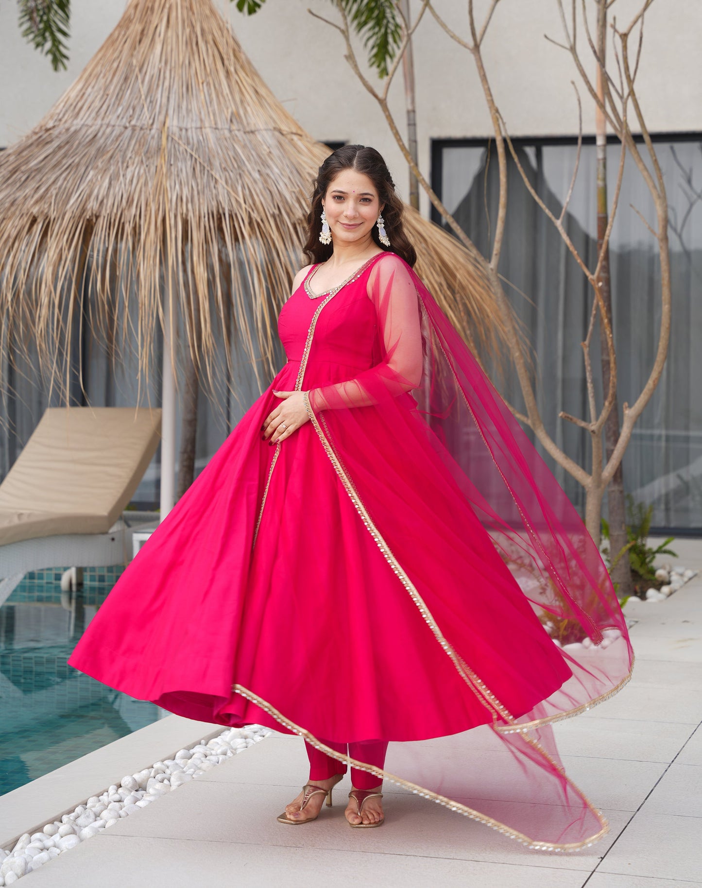 Lorenvalley Magenta Pure Romansilk Chanderi Fabric Yoke Fancy Lace Work Anarkali Kurta Pant With Dupatta Set | Swadesiicart