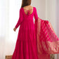 Lorenvalley Women Pure Roman silk Chanderi Fabric Layer Gathering Anarkali Kurta Pant With Dupatta Set - Magenta | Swadesiicart