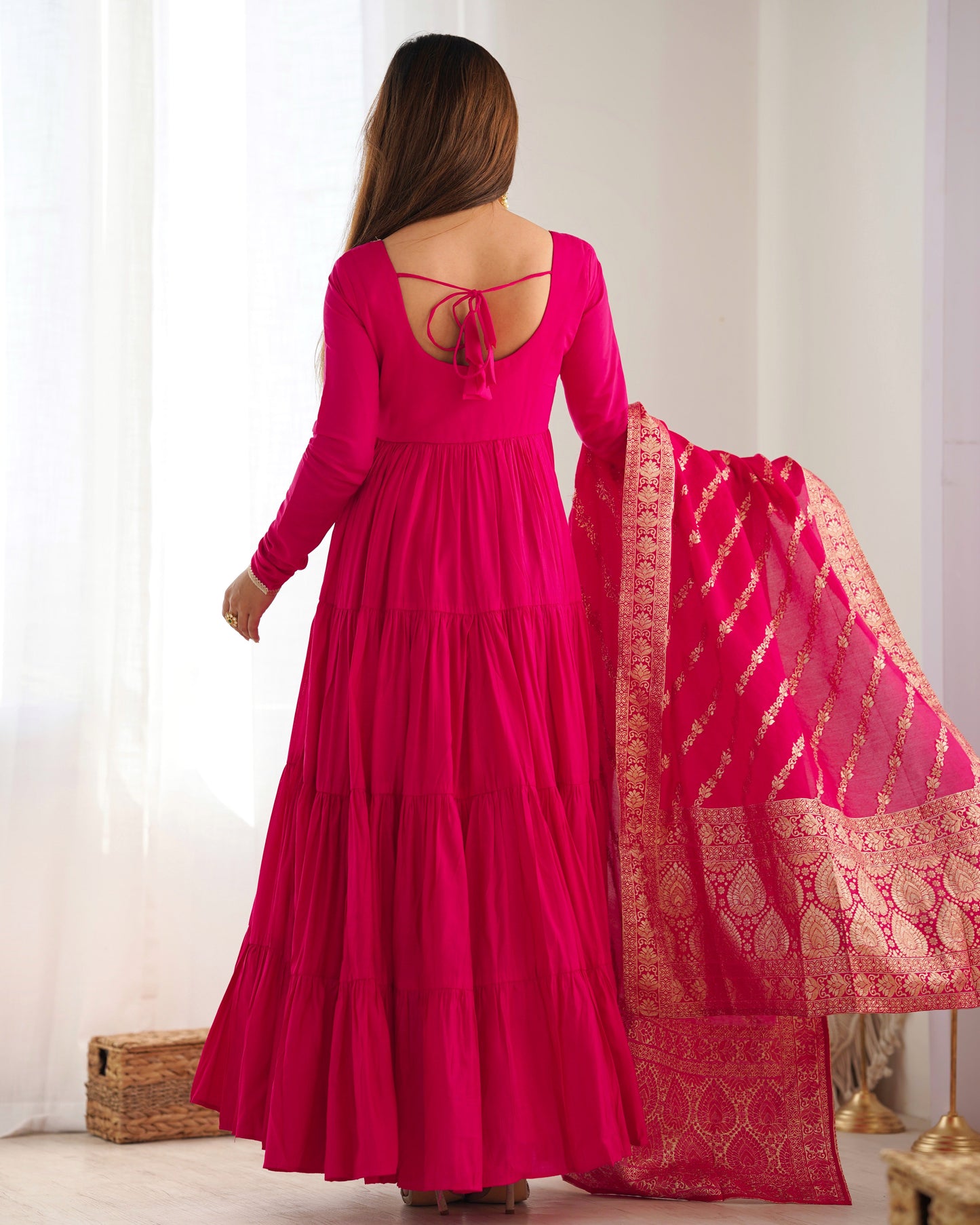 Lorenvalley Women Pure Roman silk Chanderi Fabric Layer Gathering Anarkali Kurta Pant With Dupatta Set - Magenta | Swadesiicart