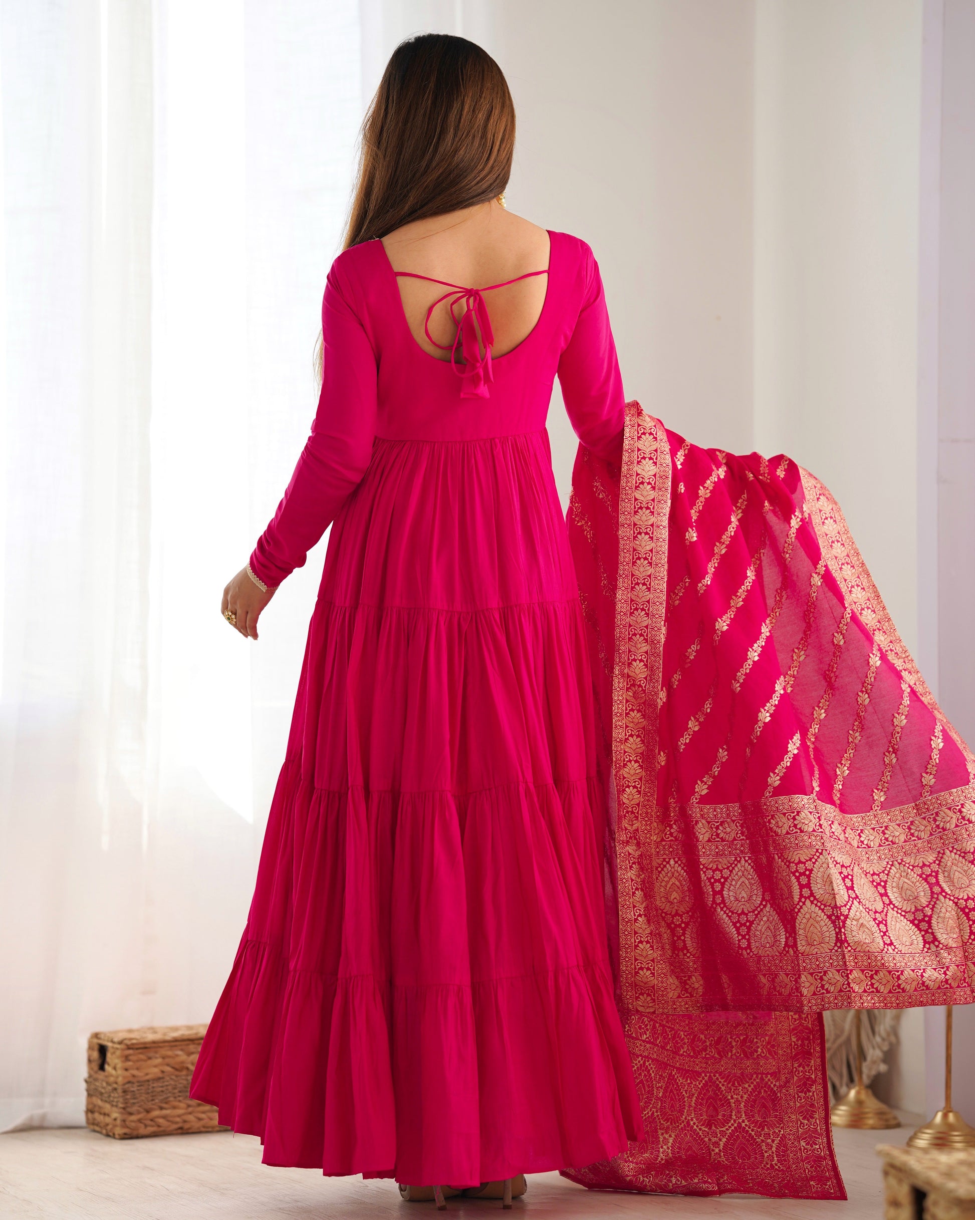 Lorenvalley Women Pure Roman silk Chanderi Fabric Layer Gathering Anarkali Kurta Pant With Dupatta Set - Magenta | Swadesiicart