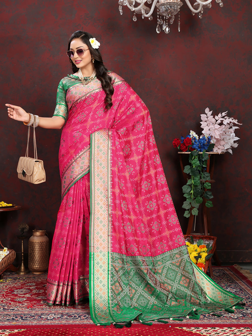Lorenvalley Fashion Magenta Patola Silk Woven Design with Zari Meenakari Weaving motifs Pallu Saree - Swadesiicart