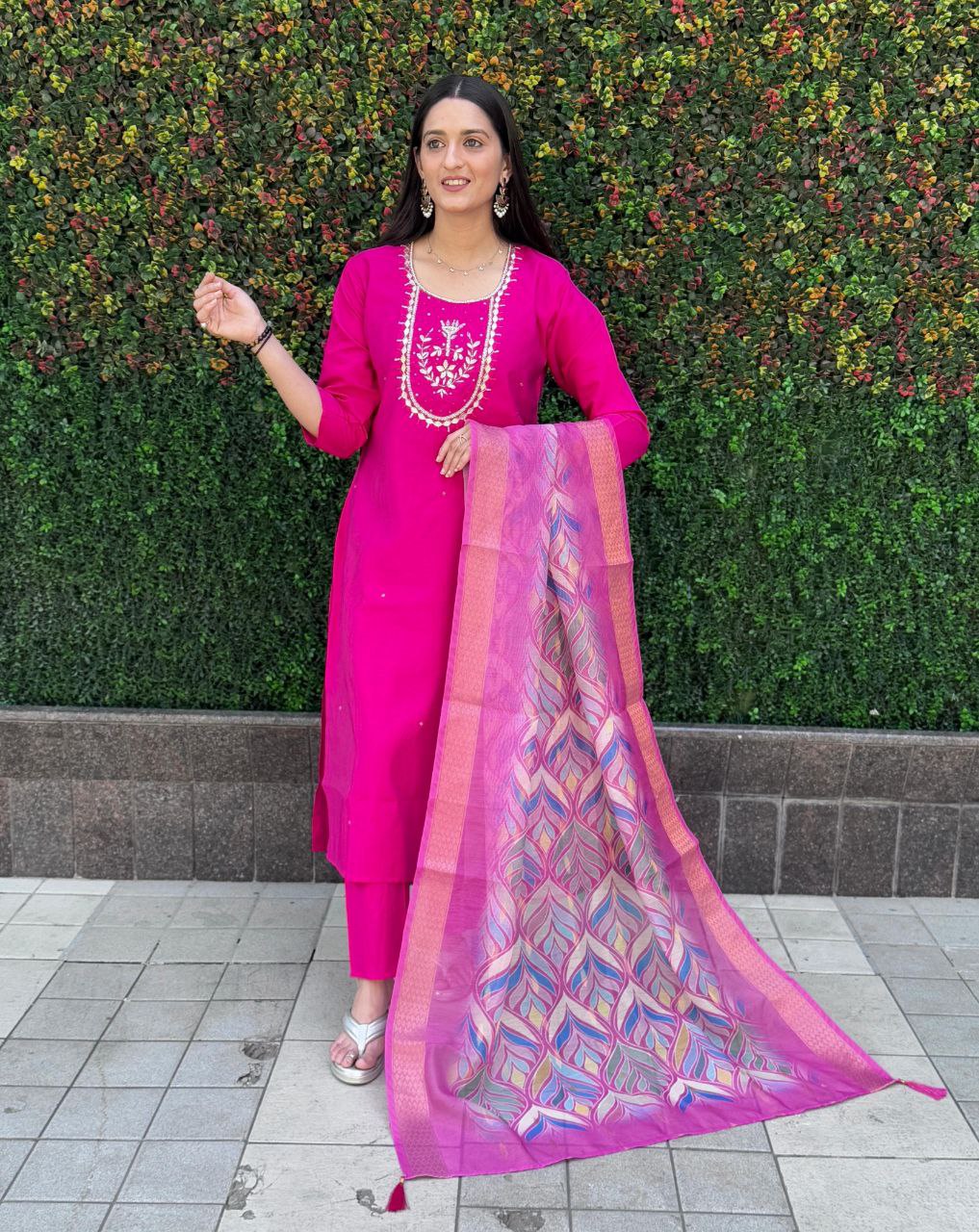 Lorenvalley Fashion Magenta Roman Silk Hand Work Kurta Pant with Dupatta - Swadesiicart