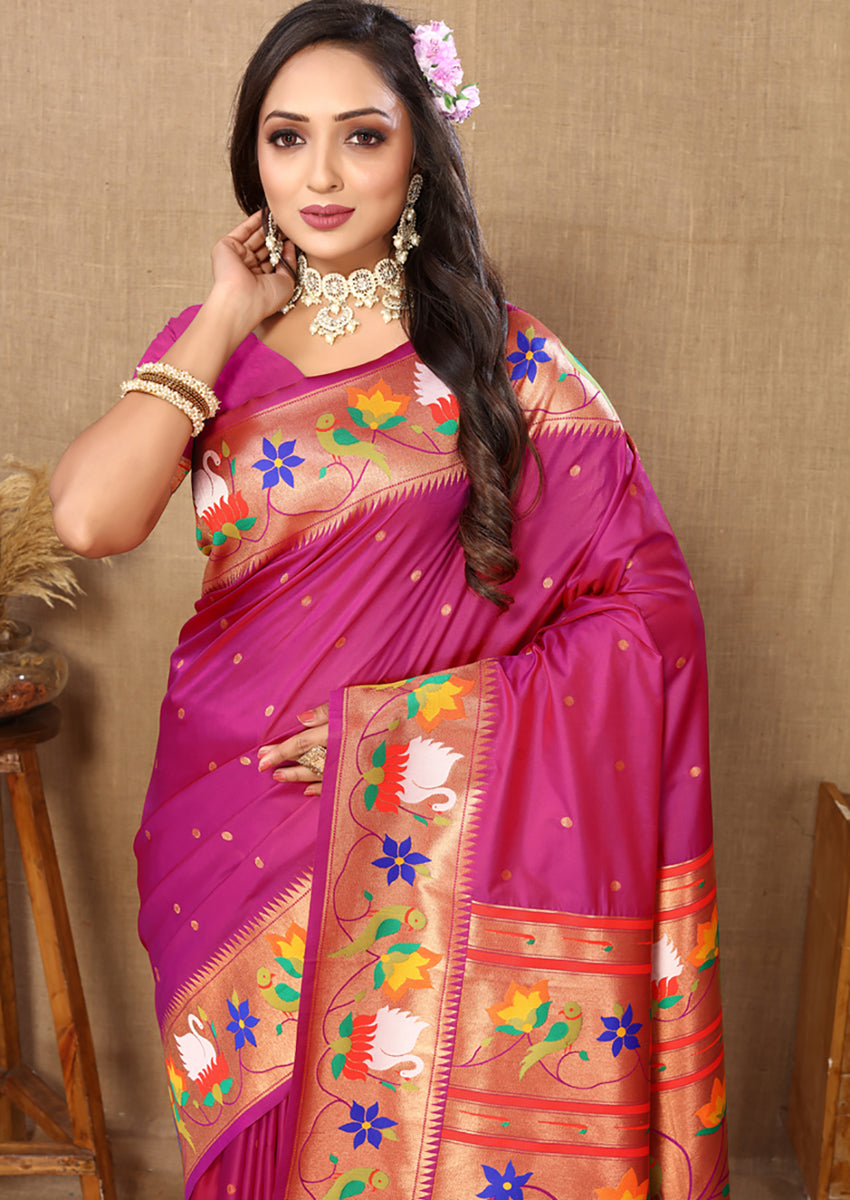 Lorenvalley Fashion Magenta Soft Paithani Silk Woven Design Rich Zari Meenakari Weaving Saree - Swadesiicart