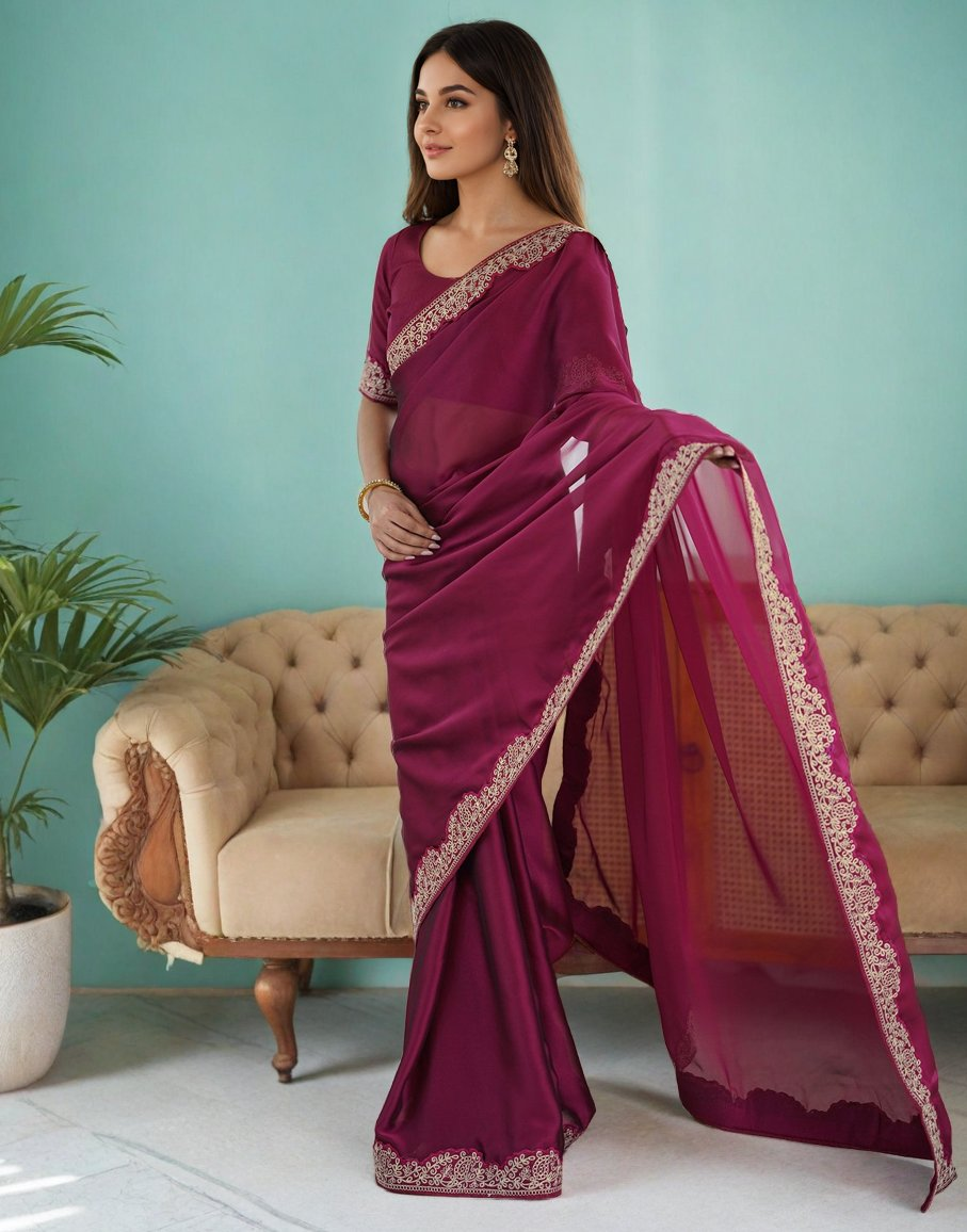 Lorenvalley Fashion Dark Magenta Rangoli Silk with Coding Lace Work Saree with Blouse - Swadesiicart