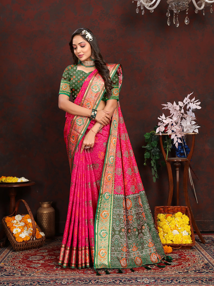 Lorenvalley Fashion Magenta Patola Silk Woven Design with Zari Meenakari Weaving motifs Pallu Saree - Swadesiicart