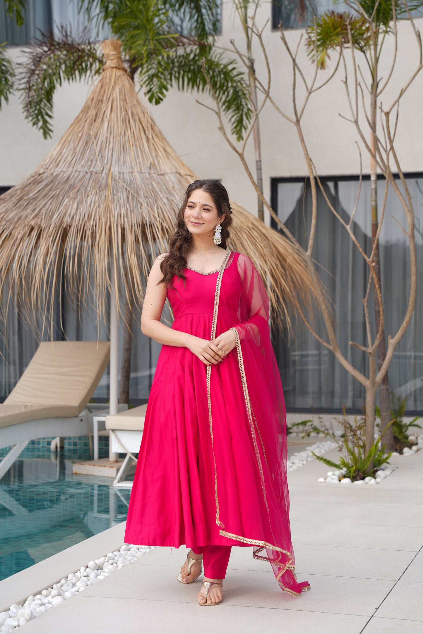 Lorenvalley Magenta Pure Romansilk Chanderi Fabric Yoke Fancy Lace Work Anarkali Kurta Pant With Dupatta Set | Swadesiicart