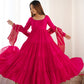 Lorenvalley Women Pure Roman silk Chanderi Fabric Layer Gathering Anarkali Kurta Pant With Dupatta Set - Magenta | Swadesiicart