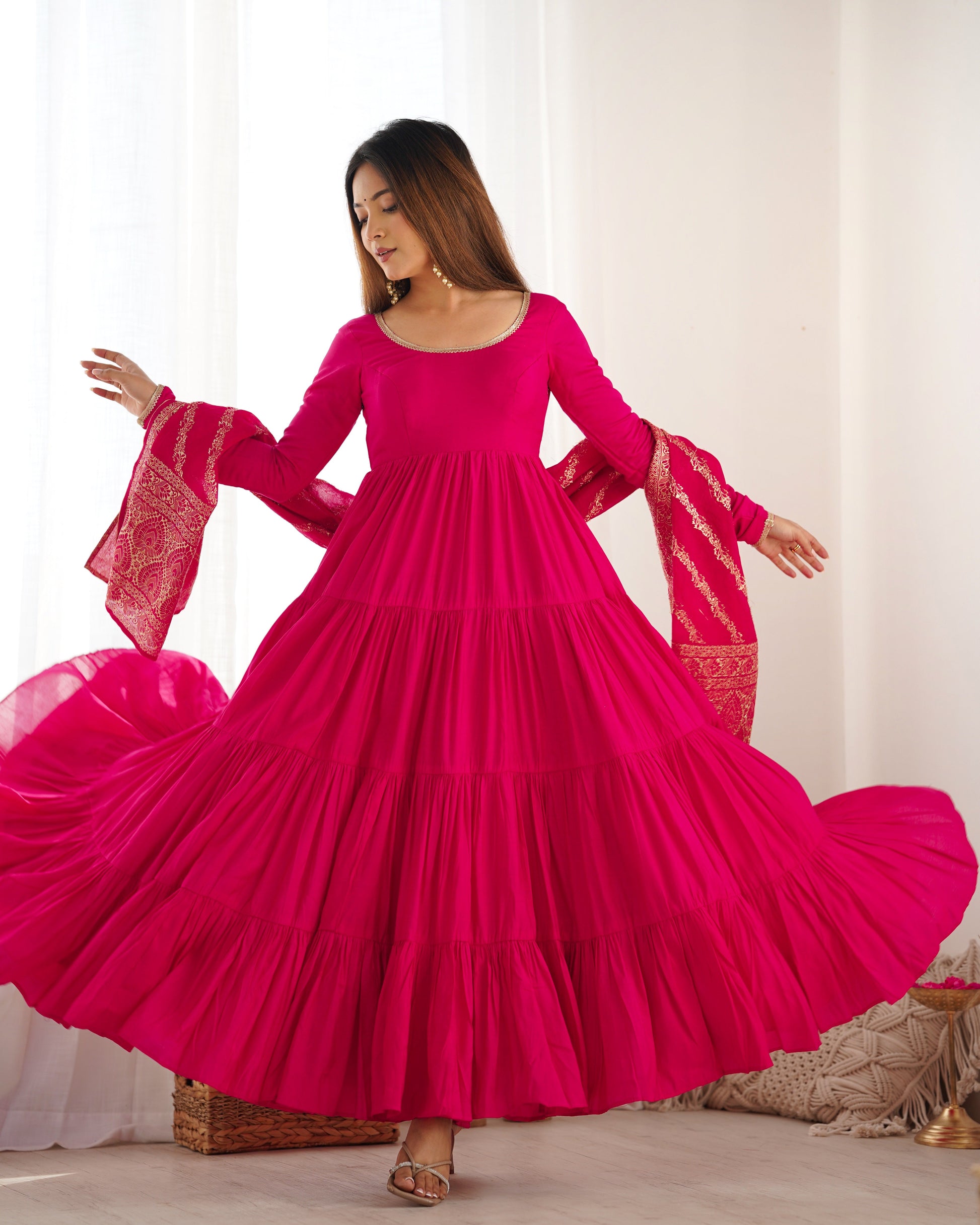 Lorenvalley Women Pure Roman silk Chanderi Fabric Layer Gathering Anarkali Kurta Pant With Dupatta Set - Magenta | Swadesiicart