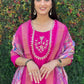 Lorenvalley Fashion Magenta Roman Silk Hand Work Kurta Pant with Dupatta - Swadesiicart