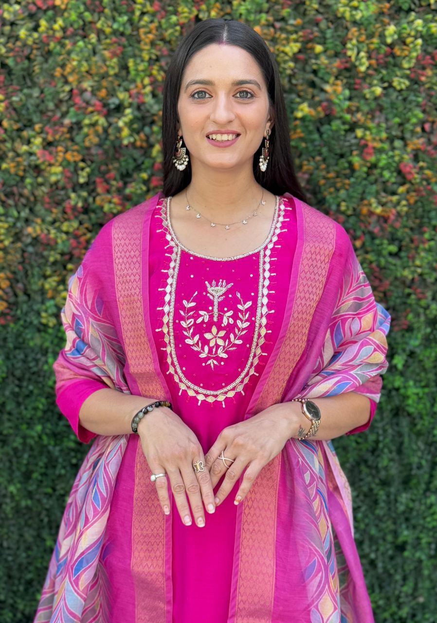 Lorenvalley Fashion Magenta Roman Silk Hand Work Kurta Pant with Dupatta - Swadesiicart