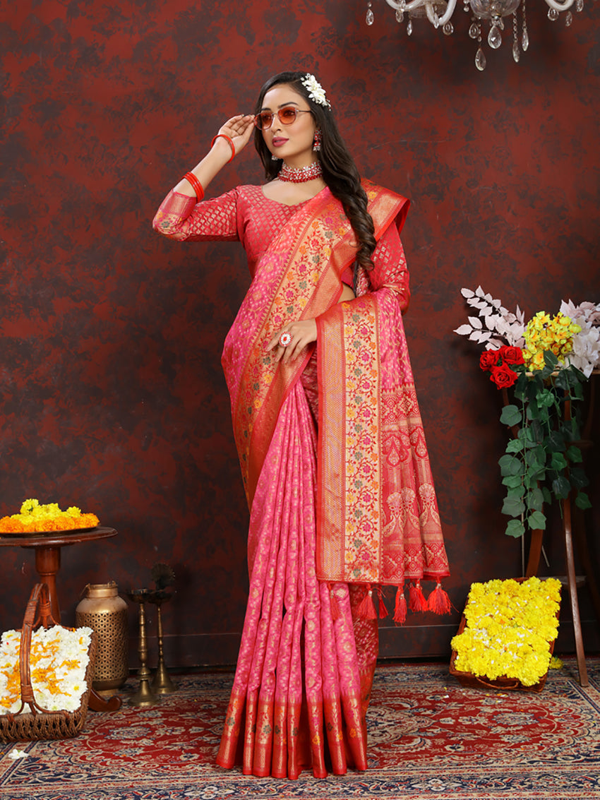 Lorenvalley Fashion Magenta Organza Silk Woven Design with Rich Meenakari Weaving Pallu Saree - Swadesiicart