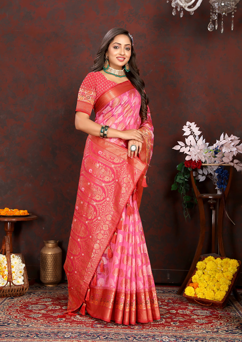 Lorenvalley Fashion Magenta Organza Silk Woven Design with Rich Meenakari Weaving Pallu Saree - Swadesiicart
