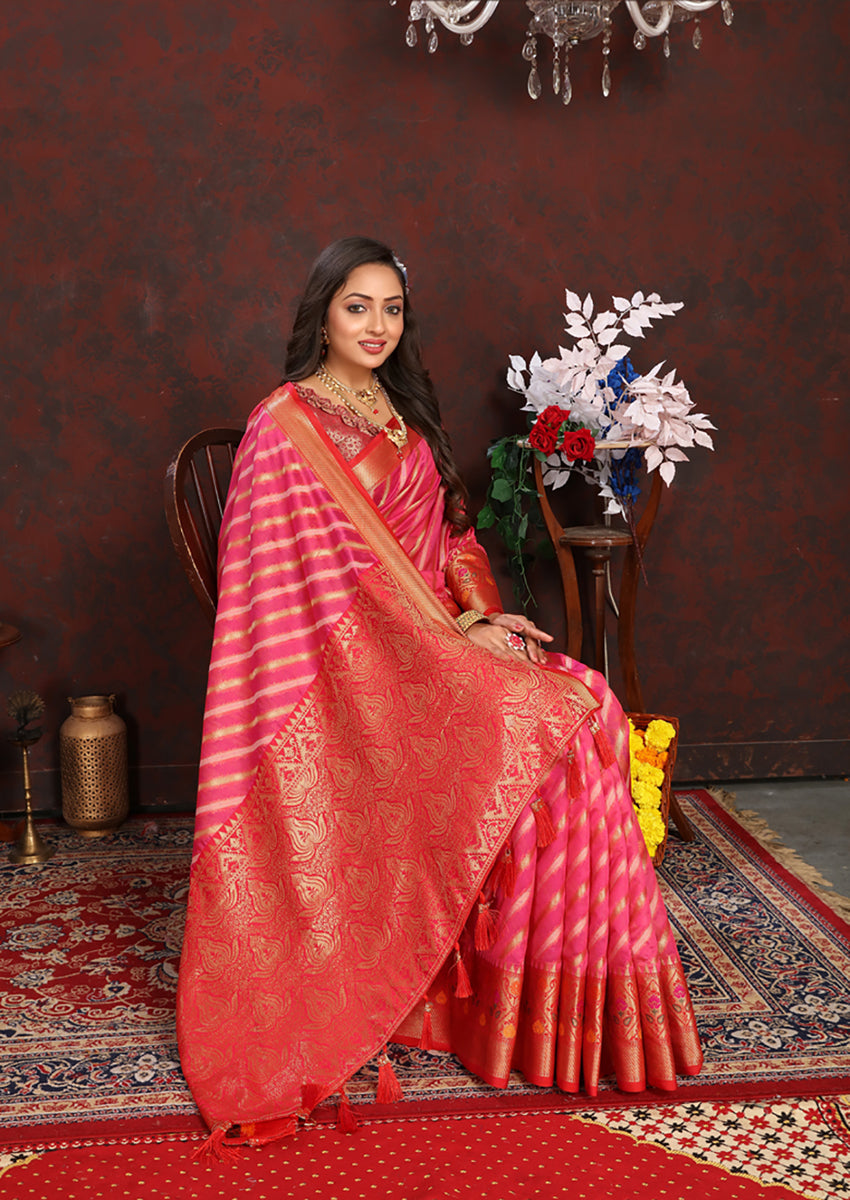 Lorenvalley Fashion Magenta Organza Silk Woven Design with Rich Meenakari Weaving Pallu Saree - Swadesiicart