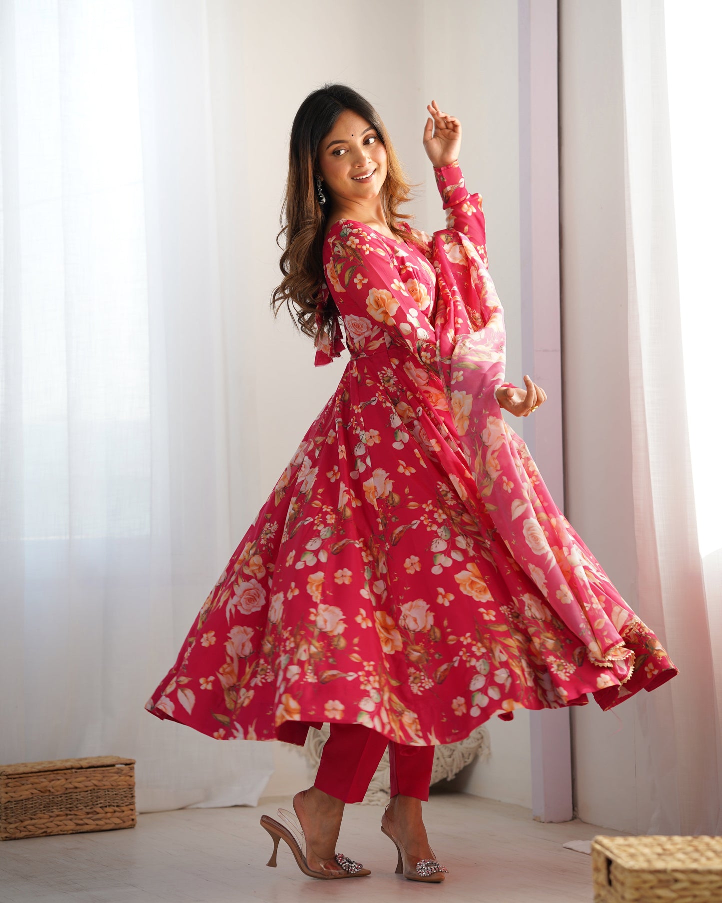 Lorenvalley Magenta Soft Organza Silk With Floral Print Fully Flared Anarkali Pant With Dupatta Set | Swadesiicart