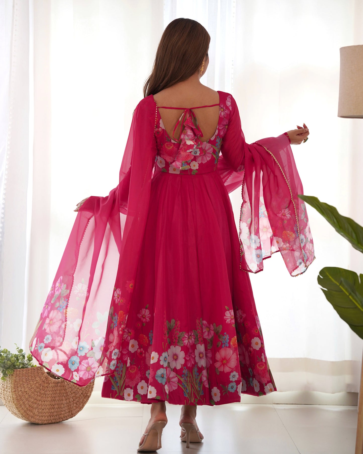 Lorenvalley Parrot Soft Organza Silk With Floral Print Fully Flared Anarkali Pant With Dupatta Set - Magenta | Swadesiicart