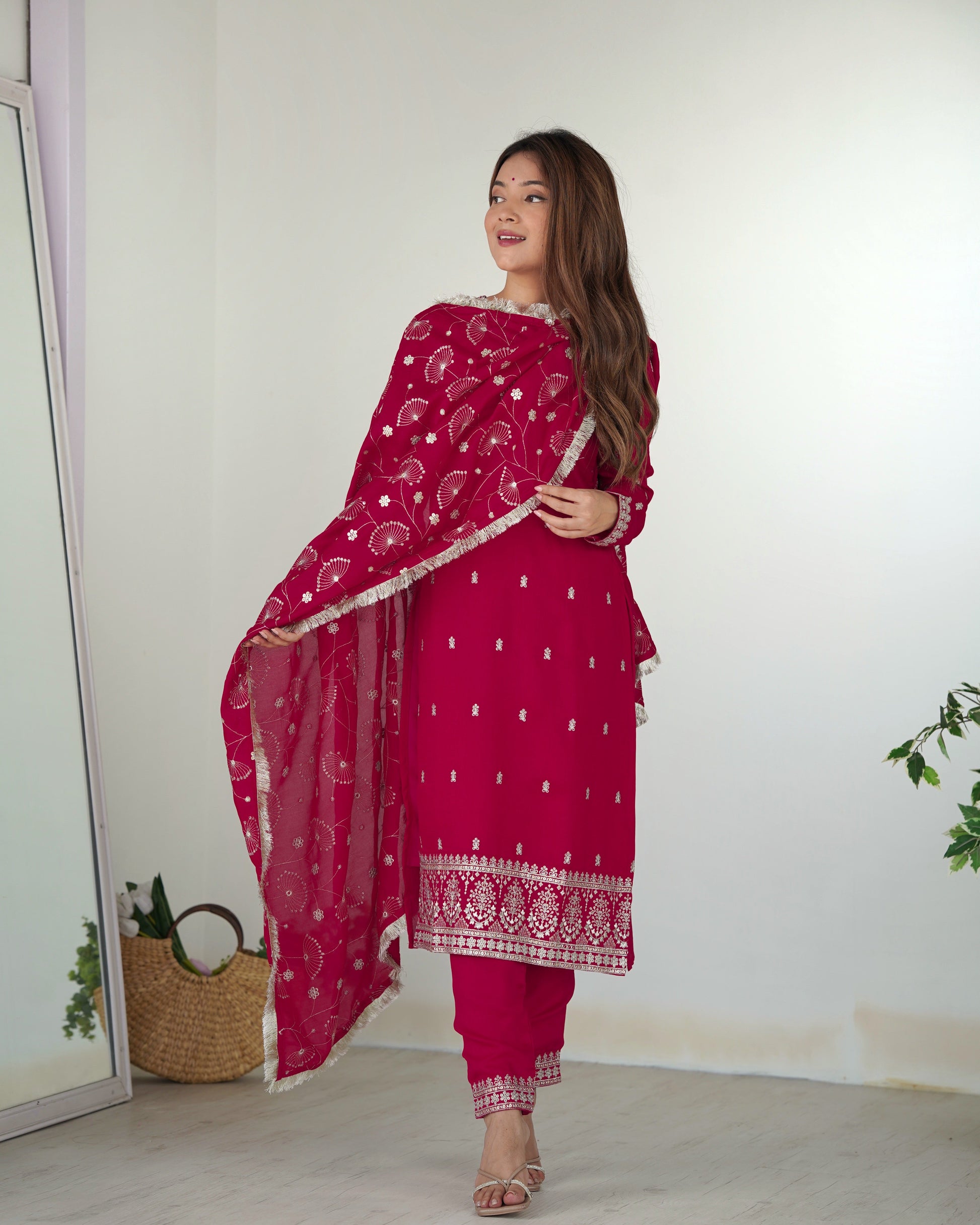 Lorenvalley Magenta Rangoli Silk Embroidery Sequence and Jari Work Kurta Trousers with Dupatta Set | Swadesiicart
