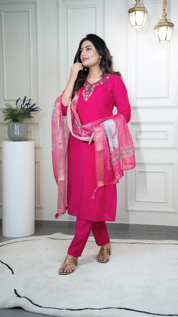 Lorenvalley Fashion Magenta Roman Silk Hand Work Kurta Pant with Dupatta - Swadesiicart