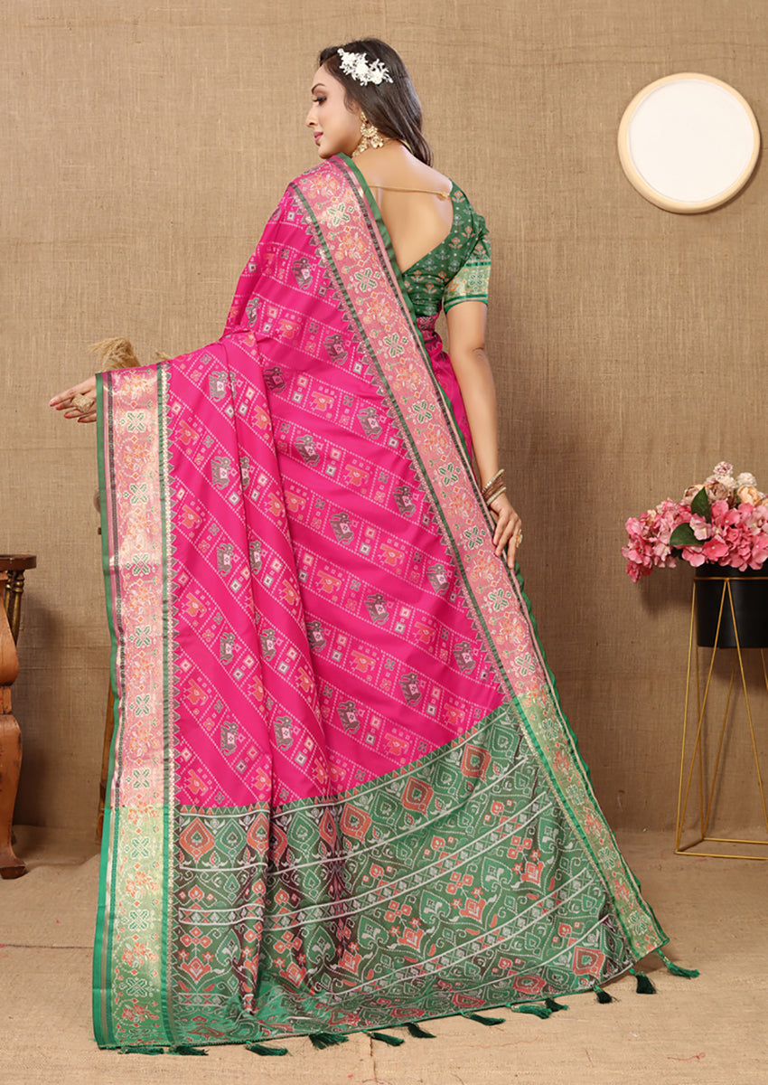 Lorenvalley Fashion Magenta Patola Silk Woven Design with Zari Meenakari Weaving motifs Pallu Saree - Swadesiicart