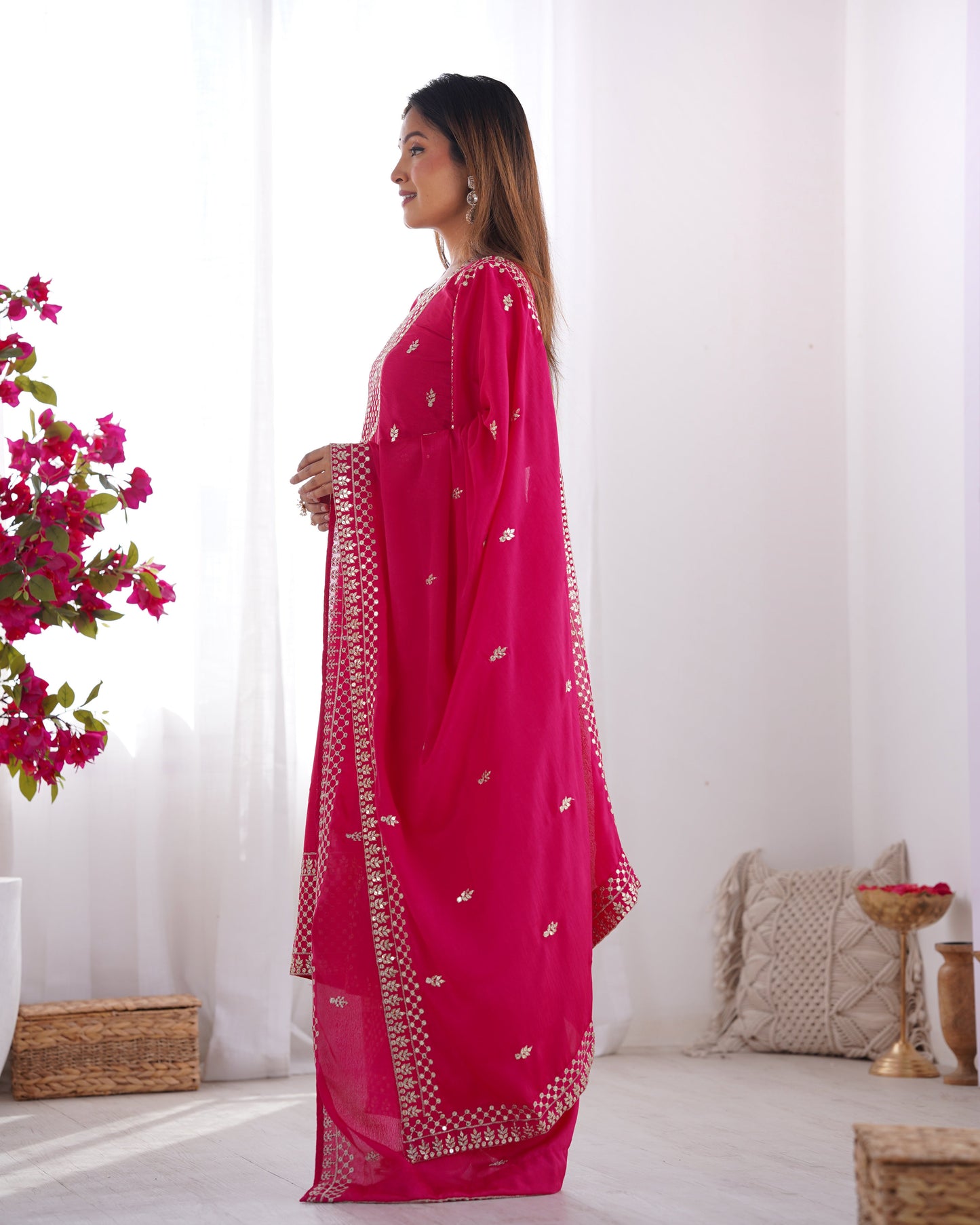 Lorenvalley Magenta Chinon Silk Embroidery Sequence and Jari Work Kurta Trousers with Dupatta Set | Swadesiicart
