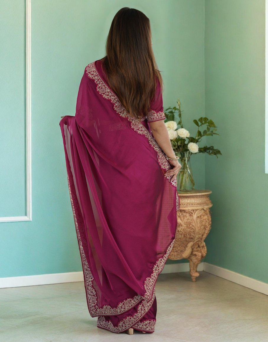 Lorenvalley Fashion Dark Magenta Rangoli Silk with Coding Lace Work Saree with Blouse - Swadesiicart