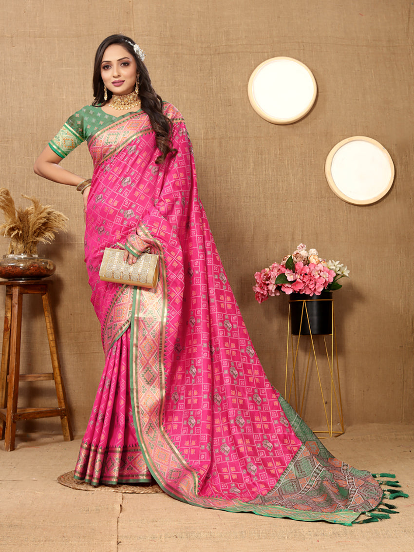 Lorenvalley Fashion Magenta Patola Silk Woven Design with Zari Meenakari Weaving motifs Pallu Saree - Swadesiicart