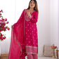 Lorenvalley Magenta Chinon Silk Embroidery Sequence and Jari Work Kurta Trousers with Dupatta Set | Swadesiicart