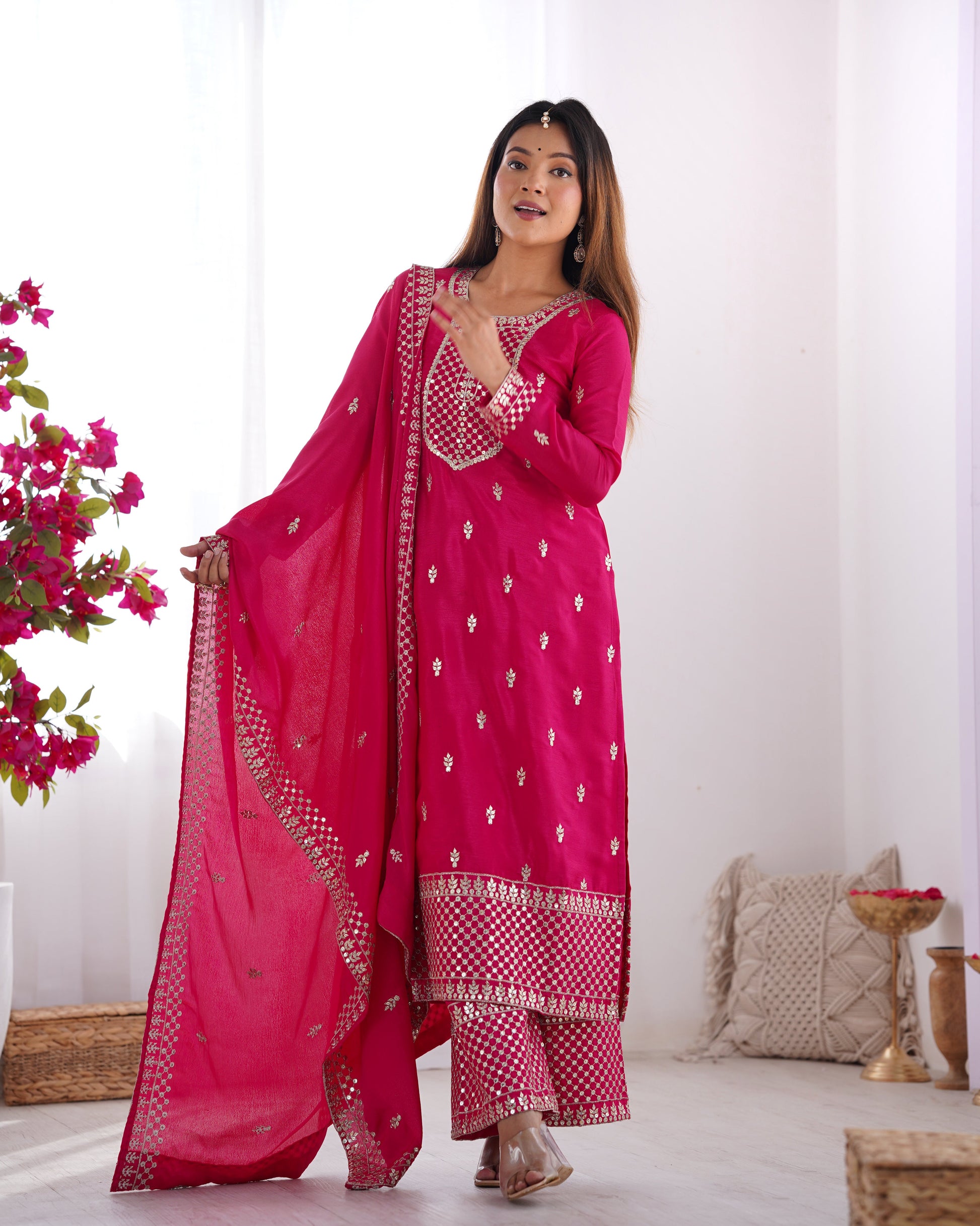 Lorenvalley Magenta Chinon Silk Embroidery Sequence and Jari Work Kurta Trousers with Dupatta Set | Swadesiicart