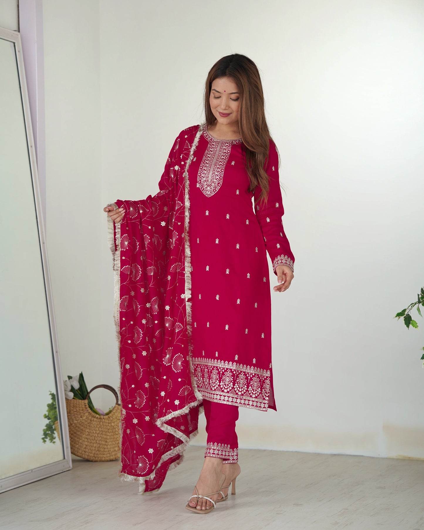 Lorenvalley Magenta Rangoli Silk Embroidery Sequence and Jari Work Kurta Trousers with Dupatta Set | Swadesiicart
