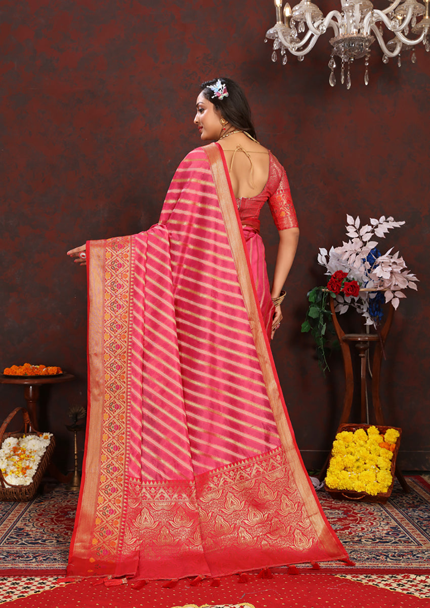Lorenvalley Fashion Magenta Organza Silk Woven Design with Rich Meenakari Weaving Pallu Saree - Swadesiicart