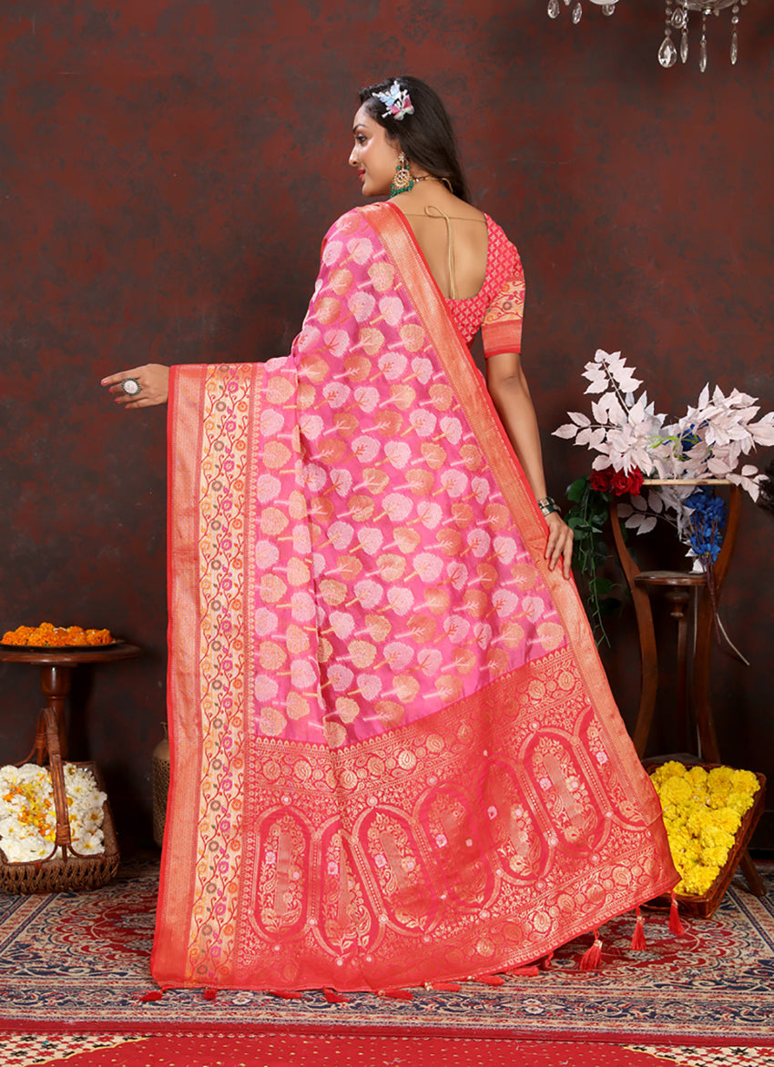 Lorenvalley Fashion Magenta Organza Silk Woven Design with Rich Meenakari Weaving Pallu Saree - Swadesiicart