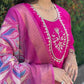 Lorenvalley Fashion Magenta Roman Silk Hand Work Kurta Pant with Dupatta - Swadesiicart