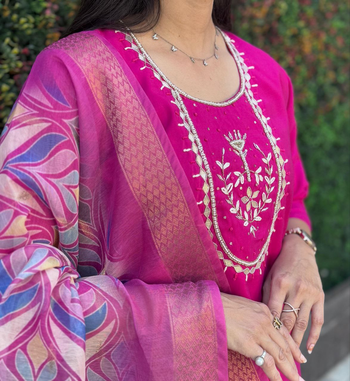 Lorenvalley Fashion Magenta Roman Silk Hand Work Kurta Pant with Dupatta - Swadesiicart
