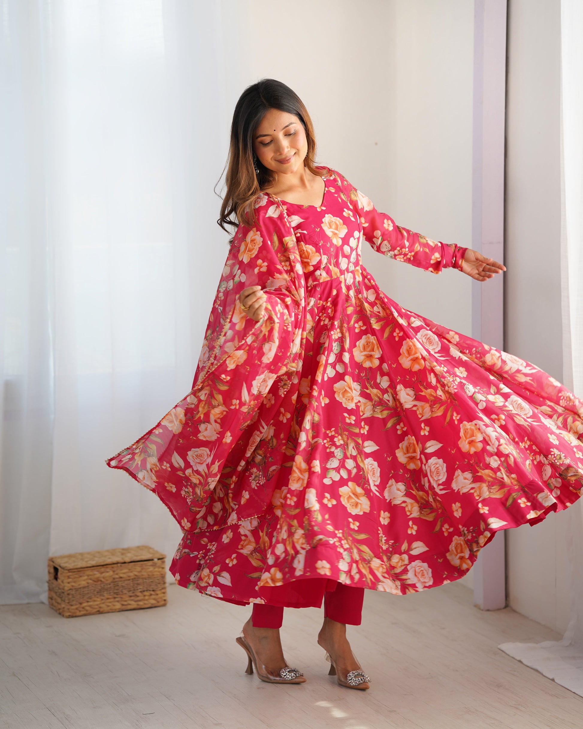 Lorenvalley Magenta Soft Organza Silk With Floral Print Fully Flared Anarkali Pant With Dupatta Set | Swadesiicart