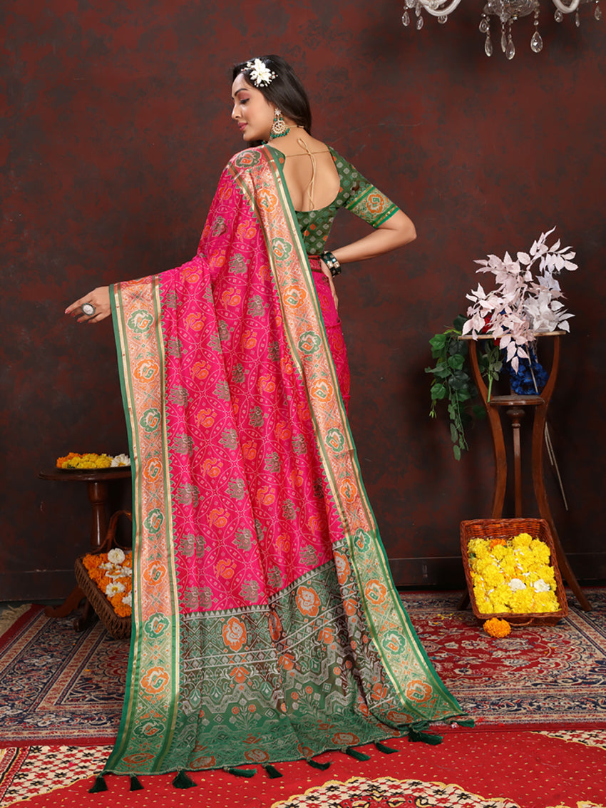 Lorenvalley Fashion Magenta Patola Silk Woven Design with Zari Meenakari Weaving motifs Pallu Saree - Swadesiicart