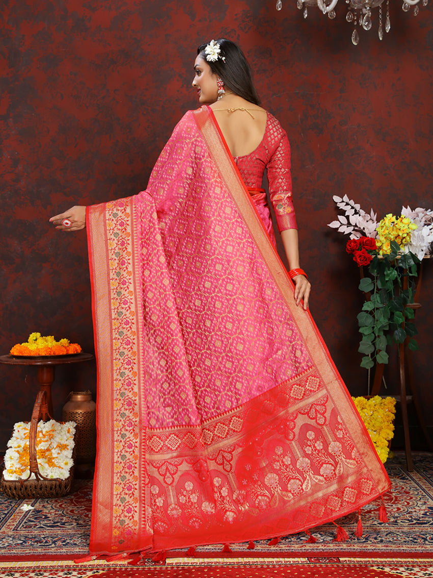 Lorenvalley Fashion Magenta Organza Silk Woven Design with Rich Meenakari Weaving Pallu Saree - Swadesiicart