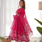 Lorenvalley Parrot Soft Organza Silk With Floral Print Fully Flared Anarkali Pant With Dupatta Set - Magenta | Swadesiicart